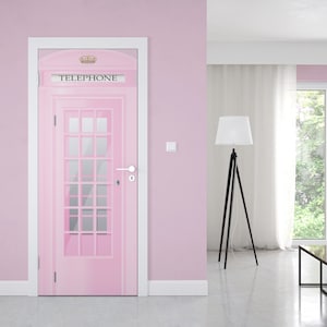 London Telephone Booth Door Mural, Pink Phone Booth Door Decal, Wall Sticker, Home Decor, Office Decor
