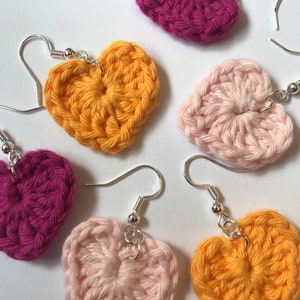 Crochet Heart Earrings, handmade available in light pink, dark pink and orange.