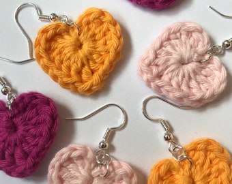 Crochet Heart Earrings, handmade available in light pink, dark pink and orange.