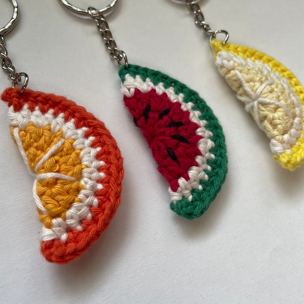 Crochet Fruit Slices Keyring - Watermelon, Orange and Lemon.