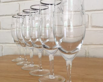 Vintage 25th Anniversary Glass and Platinum Trimmed Silver Leaf Champagne Glasses set of 3