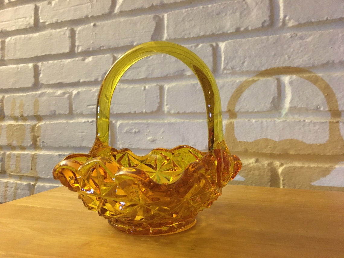 Vintage amber yellow glass basket Etsy