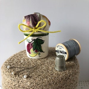 Vintage Palissy pottery eggcup pin cushion, with pearl bead pins. Sewing accessory/pin storage/dressmaking/crafts