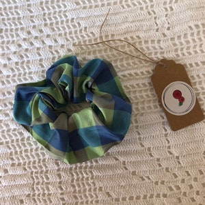 Raw silk scrunchie,  hair accessories, bracelet, blue green check scrunchie
