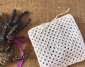 Handmade lavender bag, white crochet pouch cushion sachet gift