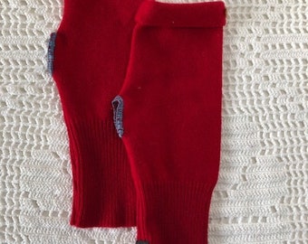 Red cashmere fingerless gloves/wristwarmers, refashioned from upcycled cashmere