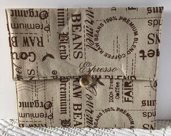 Padded iPad/tablet/kindle/book/sewing/jewellery/pochette envelope-style case/coffee time, coffee lovers