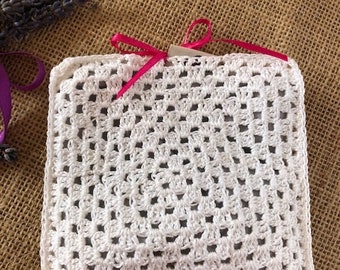 Handmade lavender bag, white crochet pouch cushion sachet gift