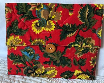 Padded iPad/tablet/book envelope-style case also good for sewing, travelling/red and flowers