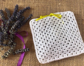 Handmade lavender bag, white crochet pouch cushion sachet gift