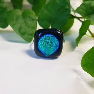 Sparkly Blue Green Dichroic Dot Ring, Teal Glittery Circle Ring, Colorful Dot on  .925 Sterling Silver band, Great Gift Idea! Free Shipping!