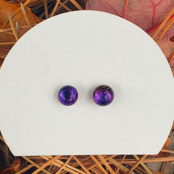 Deep Purple Dot Earrings, Colorful Dichroic Glass Dots on Stainless Steel Posts, Sparkly Violet  Earrings, Great Gift Idea! Free Shipping!