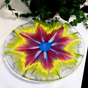 Stunning Bursting Flower Glass Bowl, Unique Colorful Centerpiece Dish, Bright Exploding Starburst Platter. Great Gift Idea! Free Shipping!