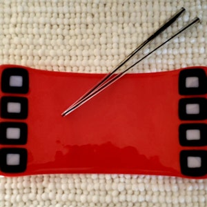 Colorful Sushi Roll Tray, Unique Rectangular Glass Dish, Bright Red Plate with Squared Edge pattern, A Great Gift Idea! Free Shipping!