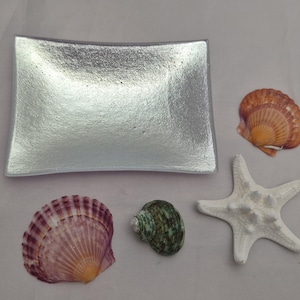 May include: A silver-colored, rectangular dish with curved edges, accompanied by a collection of seashells and a white starfish. The seashells include a purple and orange scallop shell, a brown scallop shell, and a green snail shell.