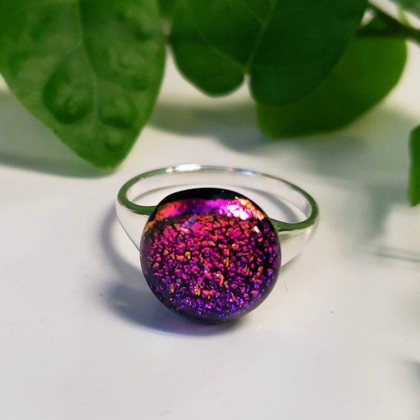 Sparkly Pink Dichroic Glass Ring, Pretty in Pink Signet size 8 Sterling Silver ring, PurplishPink Glass Dot, Great Gift Idea! Free Shipping!