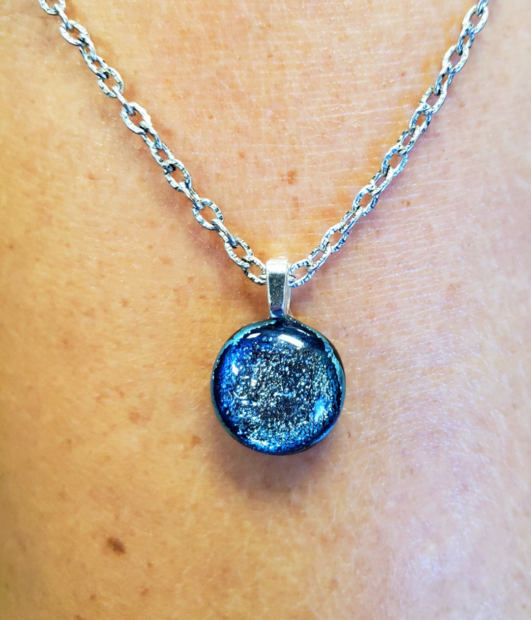 Sparkly Silver Dichroic Glass Necklace, Shimmering Silver Glass Charm ...