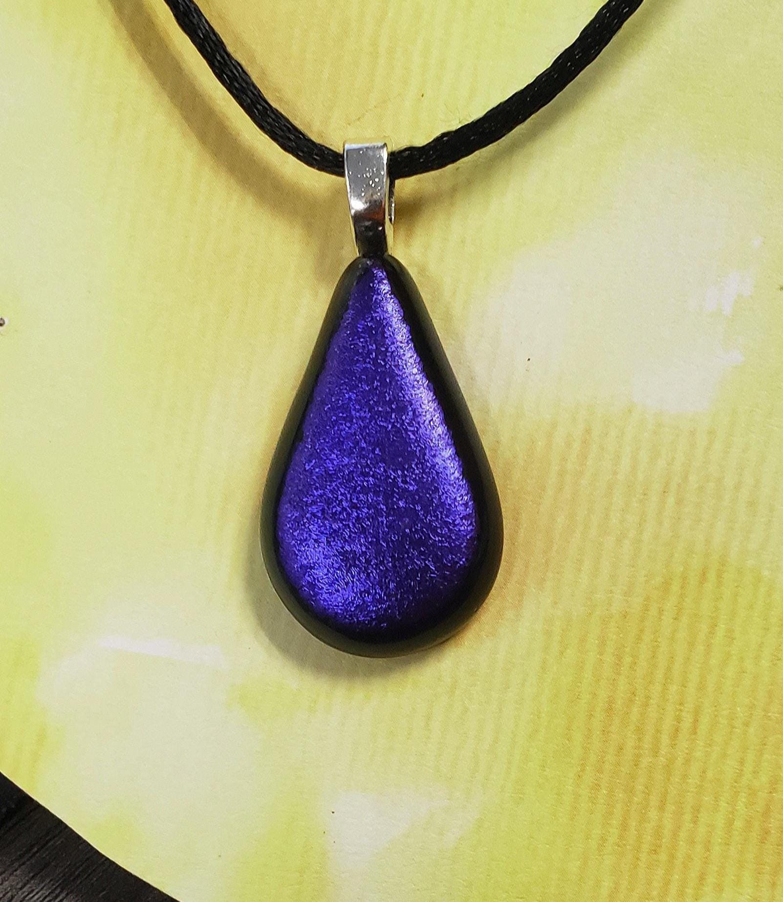 Cool Color Changing Dichroic Glass Teardrop Pendant, Blue/Purple Hand Cut Charm, Colorful Raindrop Necklace, Great Gift Idea! Free Shipping!