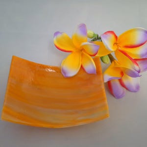 Tangerine Dreams Curved Glass Dish, Colorful Streaky Orange Glass Tray, Curled Creamsicle Candle Holder, Great Gift Idea! Free Shipping!