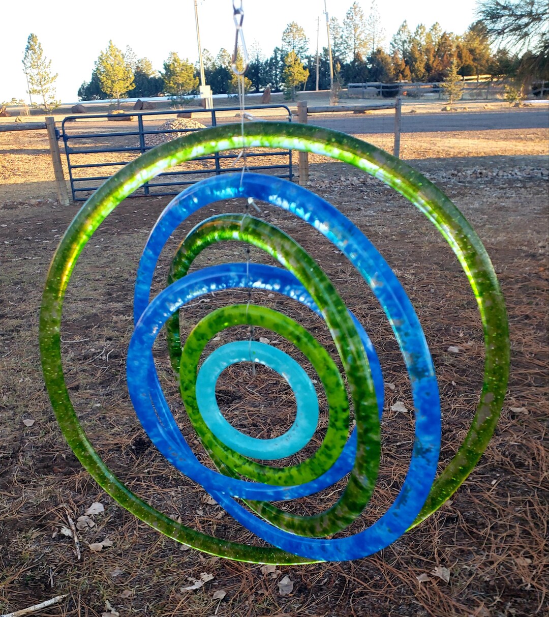Colorful Spinning Glass Circle Garden Art, Blue & Green Clear Ring ...