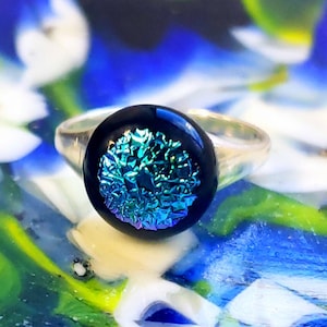 Crinkle Teal Dichroic Glass Ring, Sparkly, Colorful & Fun Bluish Green Glass on a .925 Sterling Silver band, Great Gift Idea! Free Shipping!