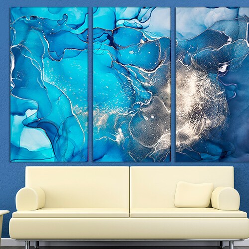 Navy Blue Marble Wall Art Abstract Canvas Print Contemporary Etsy
