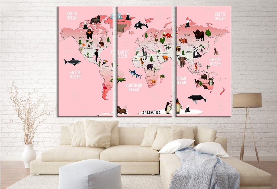 World Map Illustration Nursery Wall Art Framed Canvas Print | Etsy