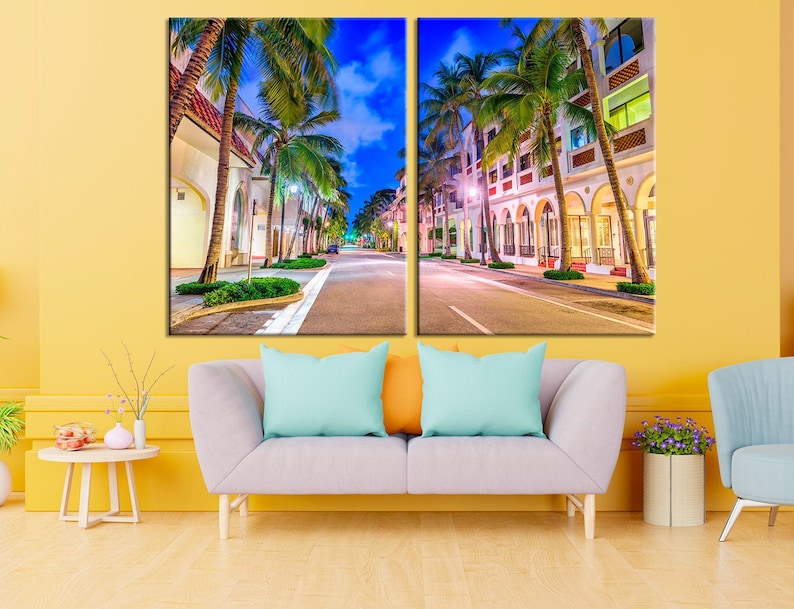 Florida wall art USA cityscape and square home decor Palm Beach photo print Framed canvas art Ready to hang City multi panel art