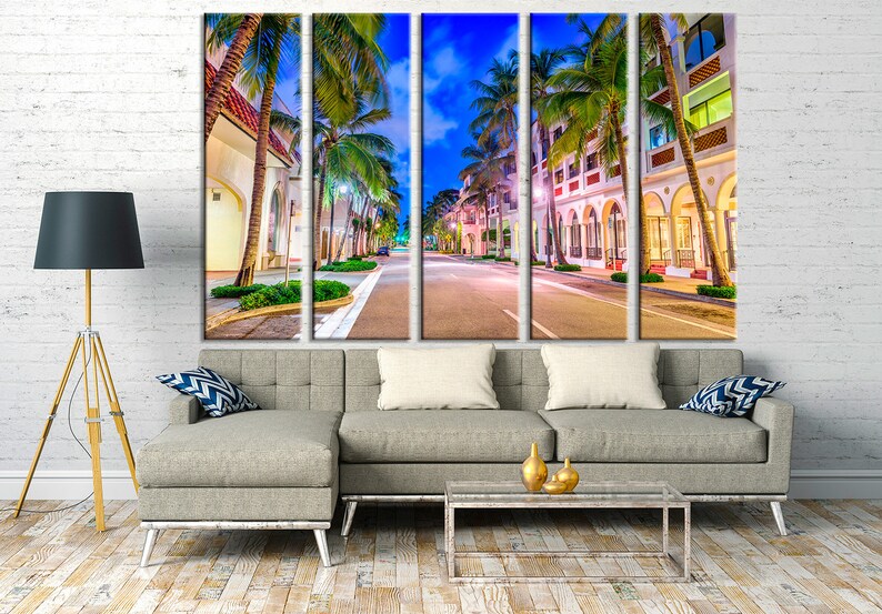 Florida wall art USA cityscape and square home decor Palm Beach photo print Framed canvas art Ready to hang City multi panel art
