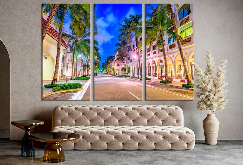 Florida wall art USA cityscape and square home decor Palm Beach photo print Framed canvas art Ready to hang City multi panel art