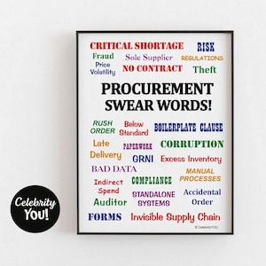 May include: A black and white poster with the text "Procurement Swear Words!" in bold, red letters. The poster lists common procurement challenges and issues, such as "Critical Shortage", "Risk", "Fraud", "Sole Supplier", "Regulations", "Price Volatility", "No Contract", "Theft", "Rush Order", "Below Standard", "Boilerplate Clause", "Late Delivery", "Paperwork", "Corruption", "GRNI", "Excess Inventory", "Bad Data", "Compliance", "Manual Processes", "Indirect Spend", "Standalone Systems", "Accidental Order", "Forms", and "Invisible Supply Chain".