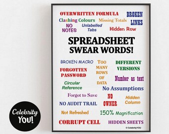Spreadsheet Swear Words DRUCKBARE Bürodekoration, lustige Excel Tabelle Bedingungen Poster, Haustier Peeves Zeichen, Buchhalter Geschenk, digitaler Download