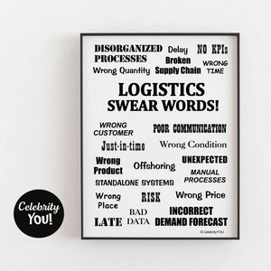 Puede incluir: Un póster en blanco y negro con el texto "Logistics Swear Words!" y una lista de problemas logísticos comunes, como "Procesos desorganizados", "Cantidad incorrecta", "Mala comunicación", "Condición incorrecta", "Justo a tiempo", "Externalización", "Imprevisto", "Procesos manuales", "Precio incorrecto", "Previsión de la demanda incorrecta", "Tarde", "Datos incorrectos" y "Riesgo".