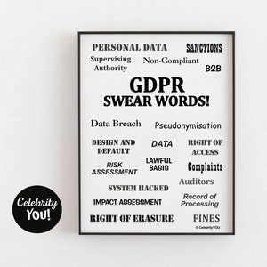 May include: A black and white poster with the text "GDPR SWEAR WORDS!" and a list of terms related to data privacy and security, including "Data Breach", "Pseudonymisation", "Design and Default", "Data", "Right of Access", "Risk Assessment", "Lawful Basis", "Complaints", "Auditors", "System Hacked", "Impact Assessment", "Right of Erasure", "Record of Processing", and "Fines".