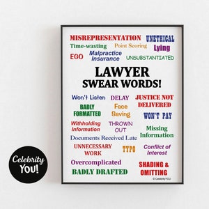 Lawyer Swear Words PRINTABLE Law Office Decor, Cruel Funny Lawyer Gift Present, Pet Peeves Sign, Legal Terms Poster, Color, DIGITAL Download