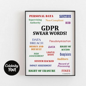 Pode incluir: Um cartaz preto e branco com o texto "GDPR SWEAR WORDS!" em negrito, letras azuis. O cartaz lista vários termos relacionados com os regulamentos de privacidade de dados, incluindo "Data Breach", "Right of Access", "Lawful Basis" e "System Hacked".