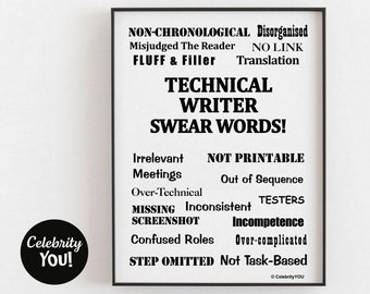 Technical Writer Swear Words PRINTABLE Office Decor, Annoyingly Funny Gift, Desk Sign, Pet Peeves List, Writing Terms Poster, DOWNLOAD