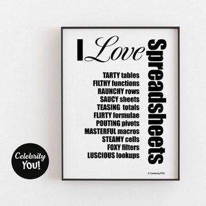 Può includere: Arte da parete stampabile in bianco e nero con il testo "Adoro i fogli di calcolo" e un elenco di parole relative ai fogli di calcolo, come "TARTY tables", "FILTHY functions", "RAUNCHY rows", "SAUCY sheets", "TEASING totals", "FLIRTY formulae", "POUTING pivots", "MASTERFUL macros", "STEAMY cells", "FOXY filters" e "LUSCIOUS lookups".