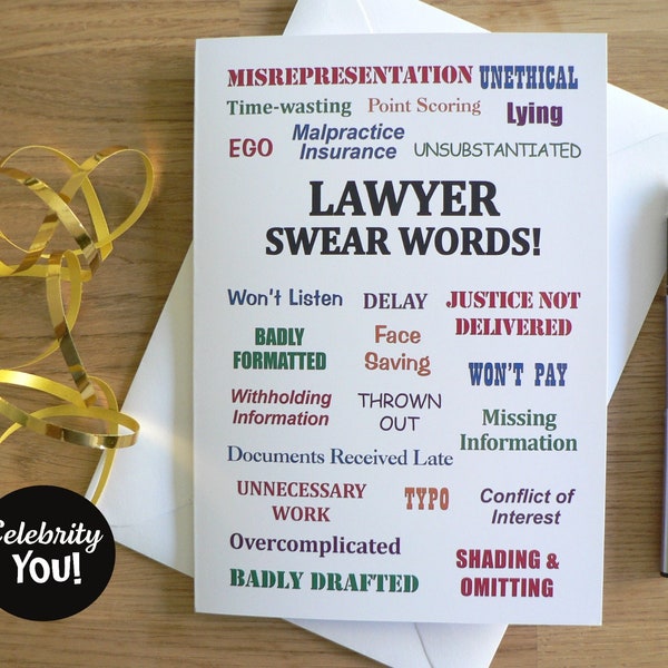 Lawyer Swear Words Annoyingly Funny Lawyer Greeting Card, Lawyer Graduation Birthday Leaving Retirement Card, Pet Peeves, Legal Terms, Humor