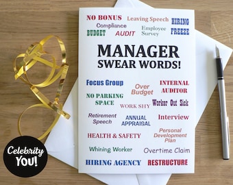 Manager Swear Words Funny Boss Greeting Card, Manager Birthday Thank You Leaving Retirement Card, Pet Peeves Quotes, FREE UK Delivery, BLANK