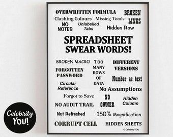 Tabelle Swear Wörter druckbare Büro Dekoration, lustige Tabelle Geschenk, Excel Humor Zeichen, Mitarbeiter Nerd Haustier Peeves Wand Kunst sofort Download