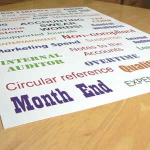 K&ouml;nnte beinhalten: Ein wei&szlig;es Poster mit verschiedenen Buchhaltungsbegriffen, die in verschiedenen Farben gedruckt sind. Zu den Begriffen geh&ouml;ren "Month End", "Overtime" und "Internal Auditor". Das Poster liegt auf einem Holztisch.