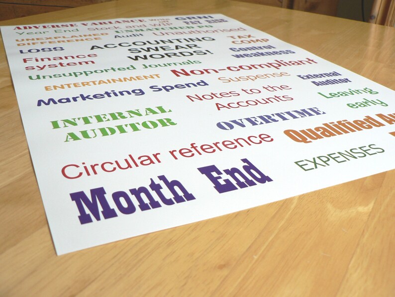 K&ouml;nnte beinhalten: Ein wei&szlig;es Poster mit verschiedenen Buchhaltungsbegriffen, die in verschiedenen Farben gedruckt sind. Zu den Begriffen geh&ouml;ren "Month End", "Overtime" und "Internal Auditor". Das Poster liegt auf einem Holztisch.