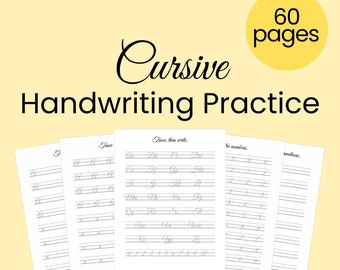 May include: Cursive Handwriting Practice workbook with 60 pages. The workbook includes practice pages for tracing and writing letters and numbers. The pages are divided into sections for tracing, then writing, and then practicing.