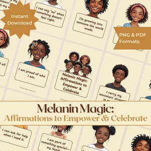 Tarjetas de Afirmaciones Mágicas de Melanina para Niños Negros / 50 Afirmaciones Empoderadoras / Baraja Imprimible / Confianza, Identidad y Alegría / PDF + PNG