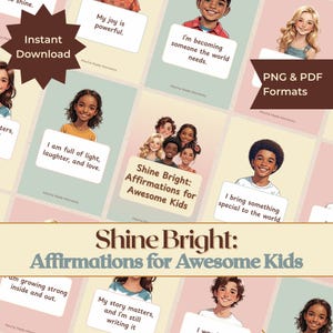 Shine Bright - 50 bevestigingskaarten voor kinderen | Afdrukbare dagelijkse mentaliteit | Zelfrespect en rust | Digitale download voor kinderen | PNG + pdf
