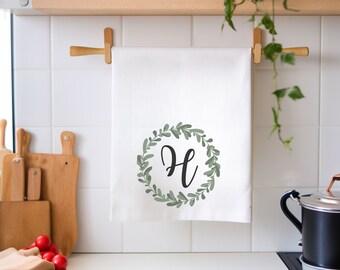 Boerderij aangepaste naam of monogram dubbele krans keukenhanddoek