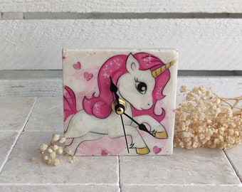 Handmade clock made of marble tile with Unicorn motif