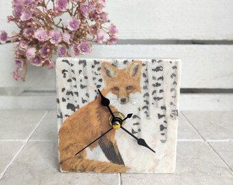 Handmade marble tile clock with fox motif