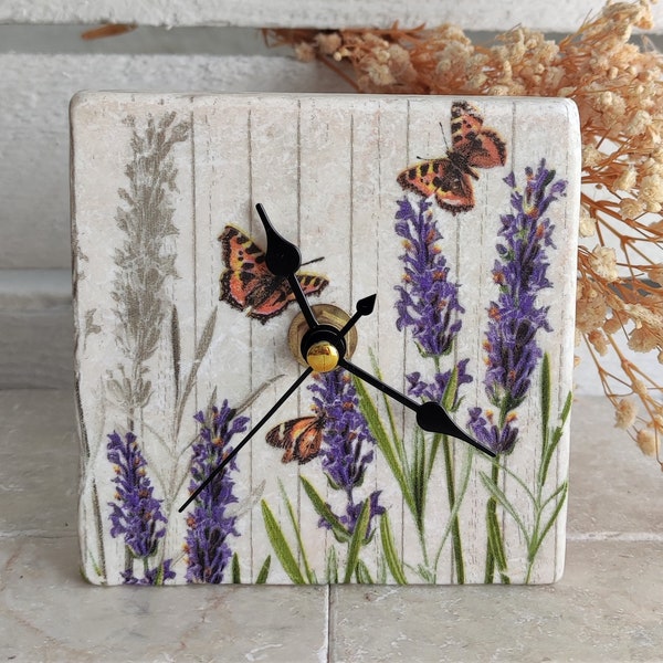 Handmade marble tile clock with butterflies